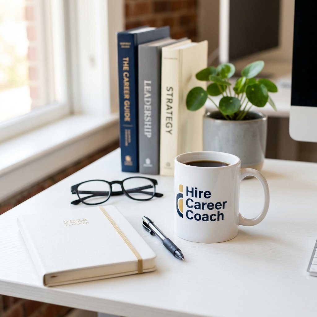 Desk setup with logo coffee cup, books and plant